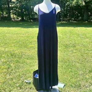 Blue Spaghetti Strap Long Maxi Dress Pockets Medium Flowy Navy Summer